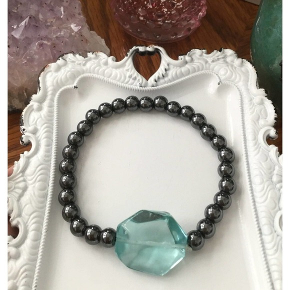 New Rustic Natural Hematite Beaded Cuff Bracelet w/ Blue-Green Crystal Focal - Picture 2 of 5